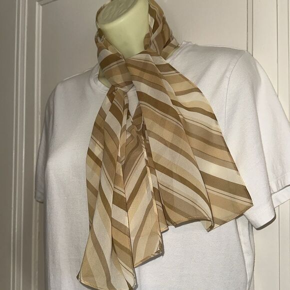 Vintage semi sheer polyester cream, tan & brown diagonally striped long scarf - Picture 1 of 4